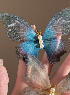 会动的蝴蝶发夹超仙电子蓝色薄纱贝珠鸭嘴夹装饰海边配饰夹子头饰