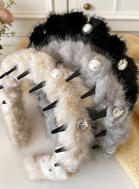 秋冬毛绒水钻发箍2025新款高颅顶洗脸防滑带齿头箍日期通勤压发卡