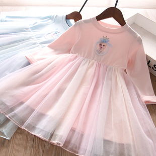 春季新品女童可爱卡通2色入网纱拼接冰雪长袖公主裙童裙裙子