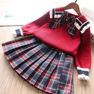 加翻领格子连衣裙两件套装 中大女童宝宝学院风毛衣开衫 秋冬新品