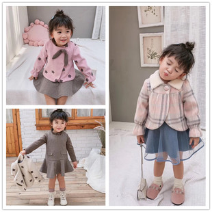 女童宝宝公主小香风勾花加厚呢子外套裙子两件套装 秋冬新款 童装