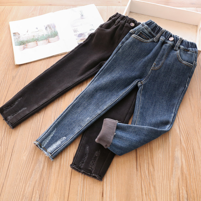 冬季新品女童百搭个性显瘦纯色加绒牛仔休闲长裤加厚打底裤子