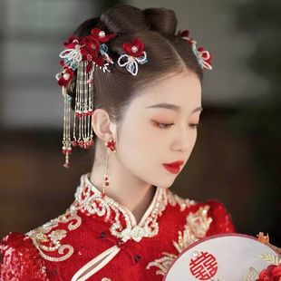 新娘新款秀禾头饰敬酒服红色绒花发簪套装简约大气结婚礼和服发饰