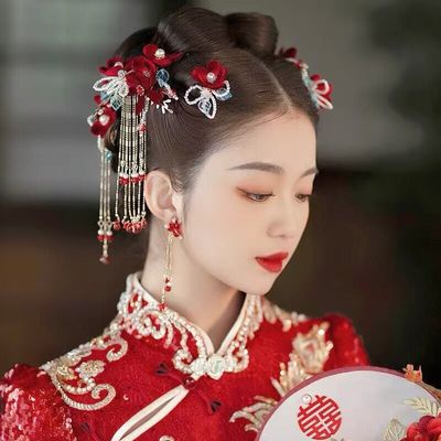 新娘新款秀禾头饰敬酒服红色绒花发簪套装简约大气结婚礼和服发饰