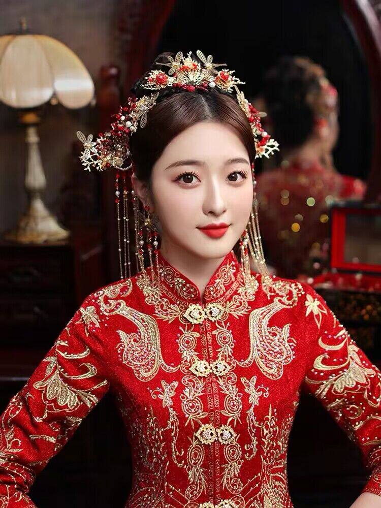 新款中式婚礼秀禾服发饰套装蜻蜓宫廷古装头饰复古古风凤冠饰品