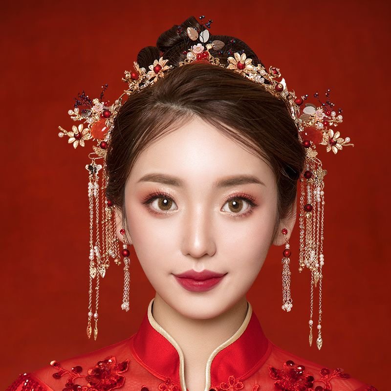 新娘饰品中式红色凤冠头饰耳环古装流苏秀禾礼服婚礼结婚发饰套装