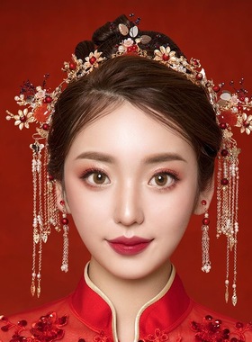 新娘饰品中式红色凤冠头饰耳环古装流苏秀禾礼服婚礼结婚发饰套装