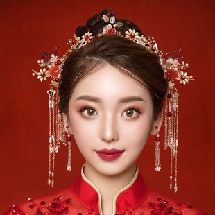 新娘饰品中式红色凤冠头饰耳环古装流苏秀禾礼服婚礼结婚发饰套装