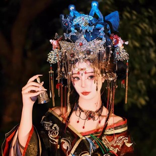 新款古风汉服非遗傩戏妆照中式美学公主风古铜色流苏蝴蝶发饰套装