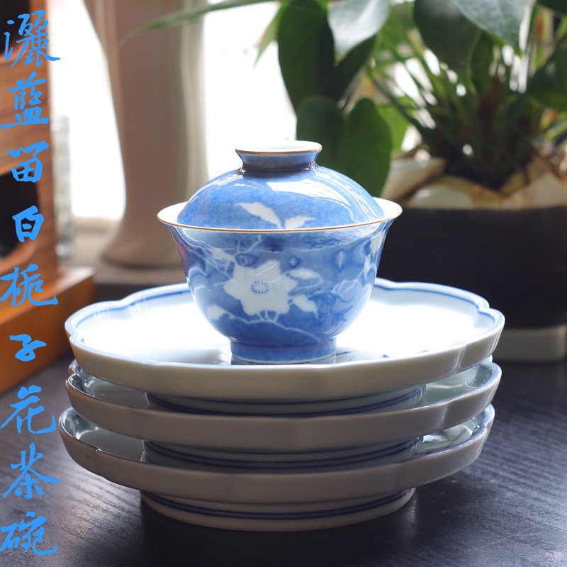 云木留白栀子花描金人文茶器盖碗图片