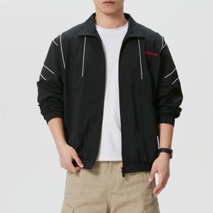 阿迪达斯三叶草休闲风男士黑色拉链复古夹克外套KE0096 KE0095