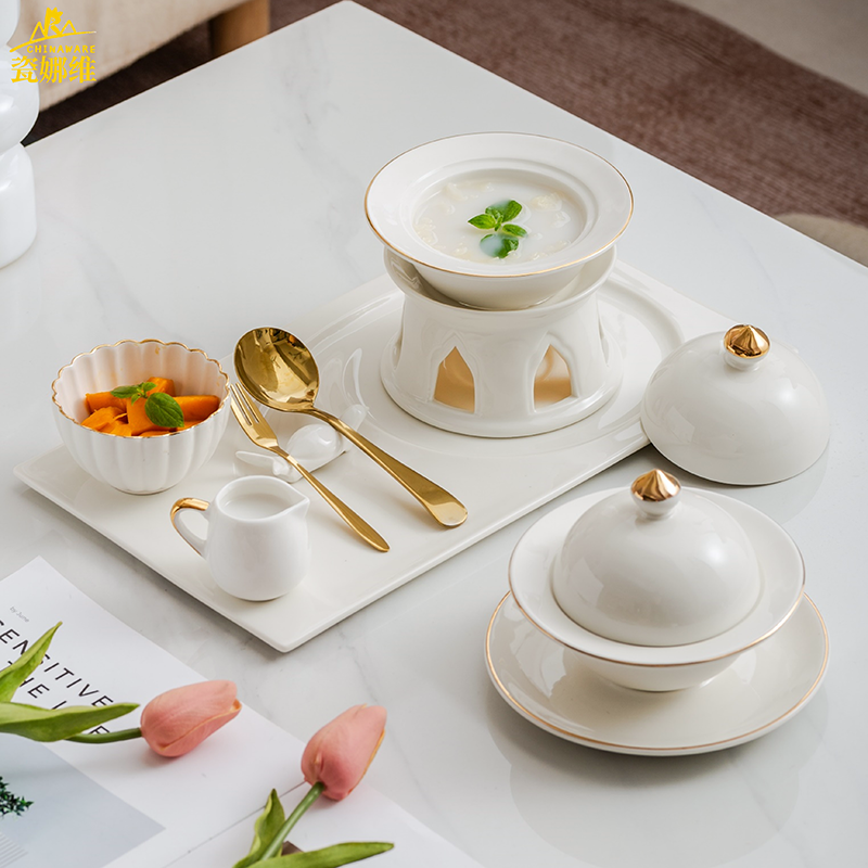 高档金边陶瓷燕窝炖盅美容院会所养生粥清补凉糖水点心带盖甜品碗