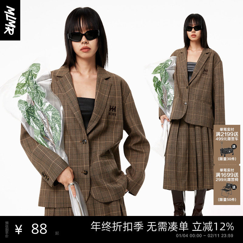 MLMR秋季新款女士双腰头复古学院千鸟格百褶半身裙+西服外套女