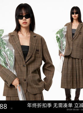 MLMR秋季新款女士双腰头复古学院千鸟格百褶半身裙+西服外套女