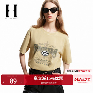 SEASON HIGH女士春季短袖T恤圆领胸口绿湾包装工队立体Logo胶印女