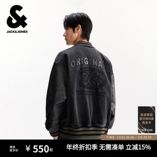 PU拼接黑色牛仔宽松棒球服夹克外套 时尚 杰克琼斯男装 秋冬新款