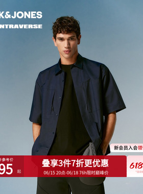 杰克琼斯男装夏季衬衫短袖纯色通勤口袋翻领宽松上衣2262O2021