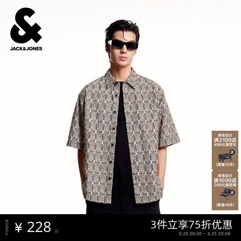 杰克琼斯男装春季新款衬衫时尚百搭刺绣翻领宽松休闲全棉短袖上衣