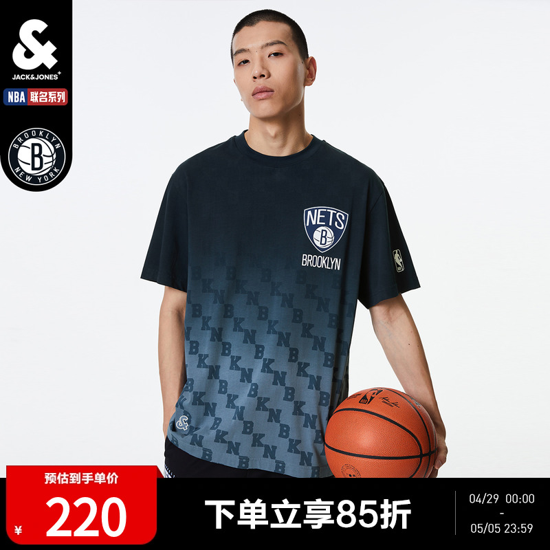 杰克琼斯夏季男士NBA联名篮网队个性渐变字母满印logo刺绣短袖T恤 运动服/休闲服装 运动T恤 原图主图