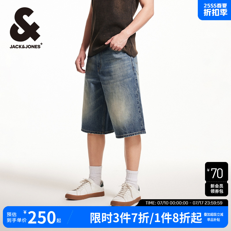 杰克琼斯男士牛仔短裤25年夏宽松休闲猫须水洗宽松七八分裤子男装