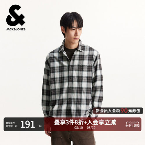 杰克琼斯男装秋季衬衫黑白配色百搭宽松日常时尚纯棉口袋长袖上衣