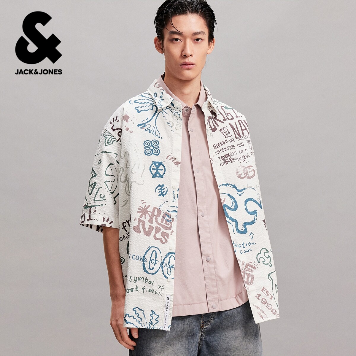 杰克琼斯春季男装衬衫短袖t恤纯棉宽松舒适翻领印花潮流日常通勤