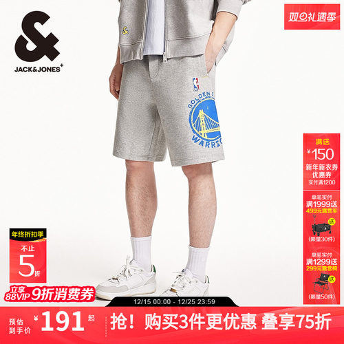 杰克琼斯男装NBA联名款勇士人队篮球肌理胶印休闲短裤子2025年秋