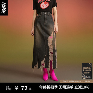 后开叉显瘦个性 破洞磨毛做旧复古牛仔半身裙女装 新款 MLMR24秋季