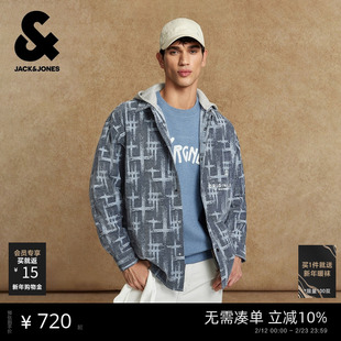 杰克琼斯男装衬衫春季时尚可拆卸连帽字母刺绣宽松休闲外套上衣