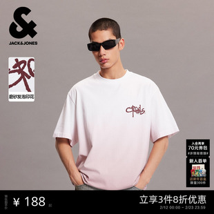 【吊染渐变】杰克琼斯男装夏立体绒感印花短袖T恤纯棉宽松打底衫