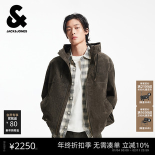 杰克琼斯男装冬季皮衣抽绳连帽纯色简约字母日常百搭长袖上衣外套