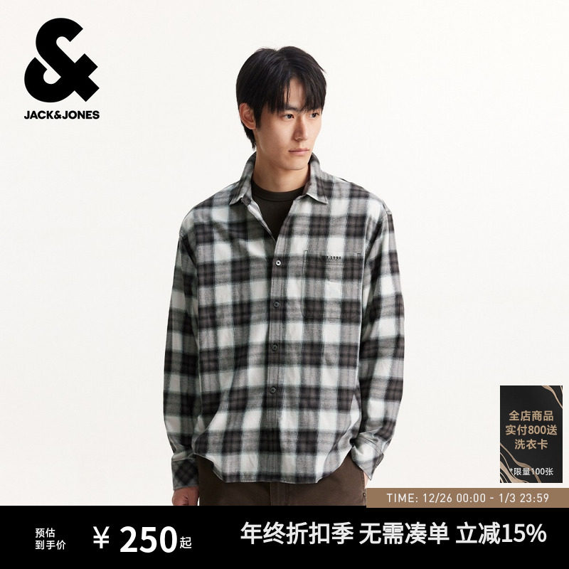 杰克琼斯男装秋季衬衫黑白配色百搭宽松日常时尚纯棉口袋长袖上衣