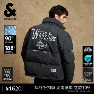 杰克琼斯NBA联名勇士队男装春季羽绒服时尚满印logo宽松立领外套