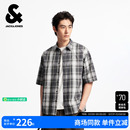 夏季 百搭时尚 杰克琼斯男装 新款 刺绣撞色格纹尖领宽松休闲短袖 衬衫