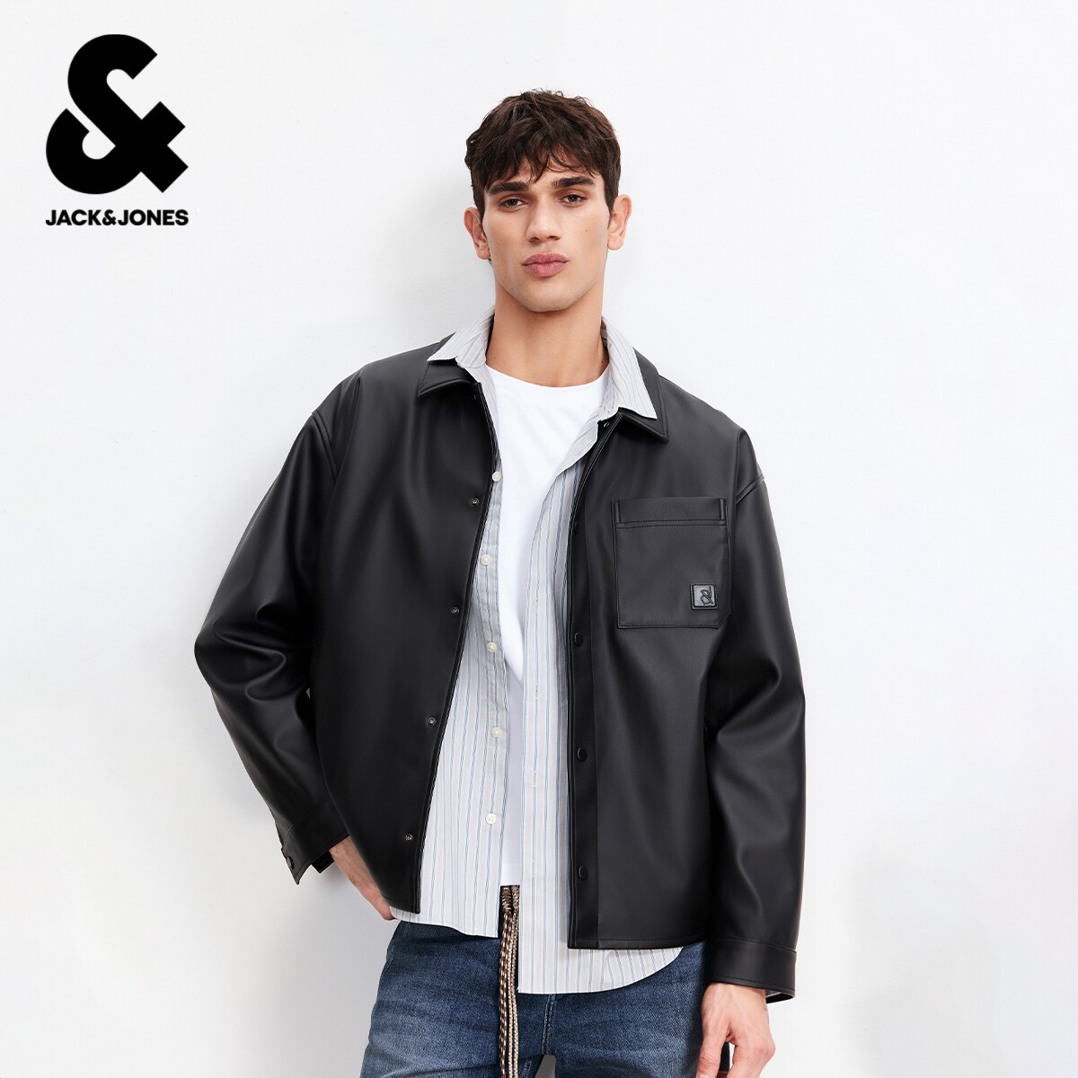 【衬衫式PU夹克】杰克琼斯男士外套2026年春新款宽松翻领上衣男装