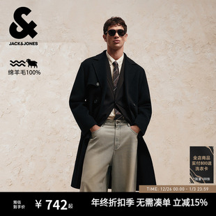 杰克琼斯男装 外套 毛呢大衣质感羊髦纯羊毛双排扣柴斯特大衣长款