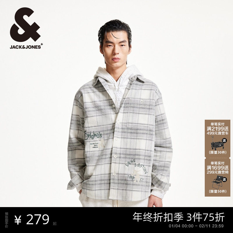 杰克琼斯男装秋季字母刺绣背后印花衣身格纹宽松舒适百搭时尚衬衫