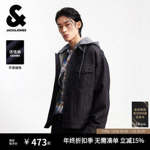 休闲宽松假两件针织连帽上衣男装 杰克琼斯原色牛仔夹克男春季 新款