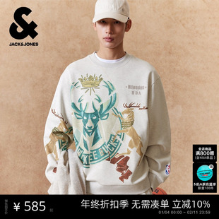 【NBA联名款雄鹿队】杰克琼斯男装春季卫衣胶印图案字母刺绣宽松