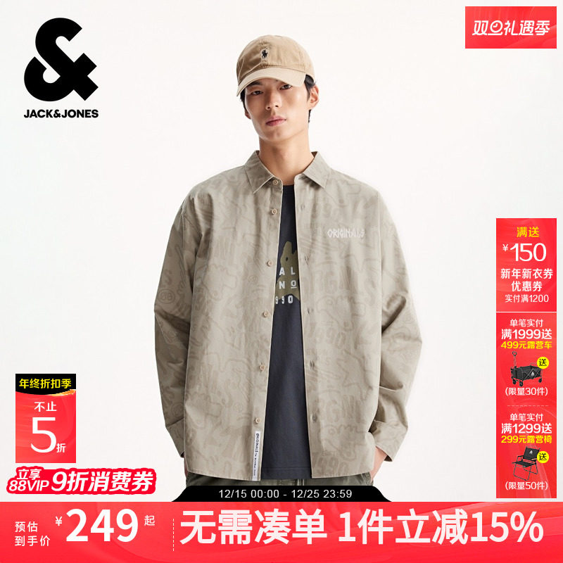 杰克琼斯男装士秋季衬衫2025年新款刺绣舒适宽松纯棉长袖翻领衬衣