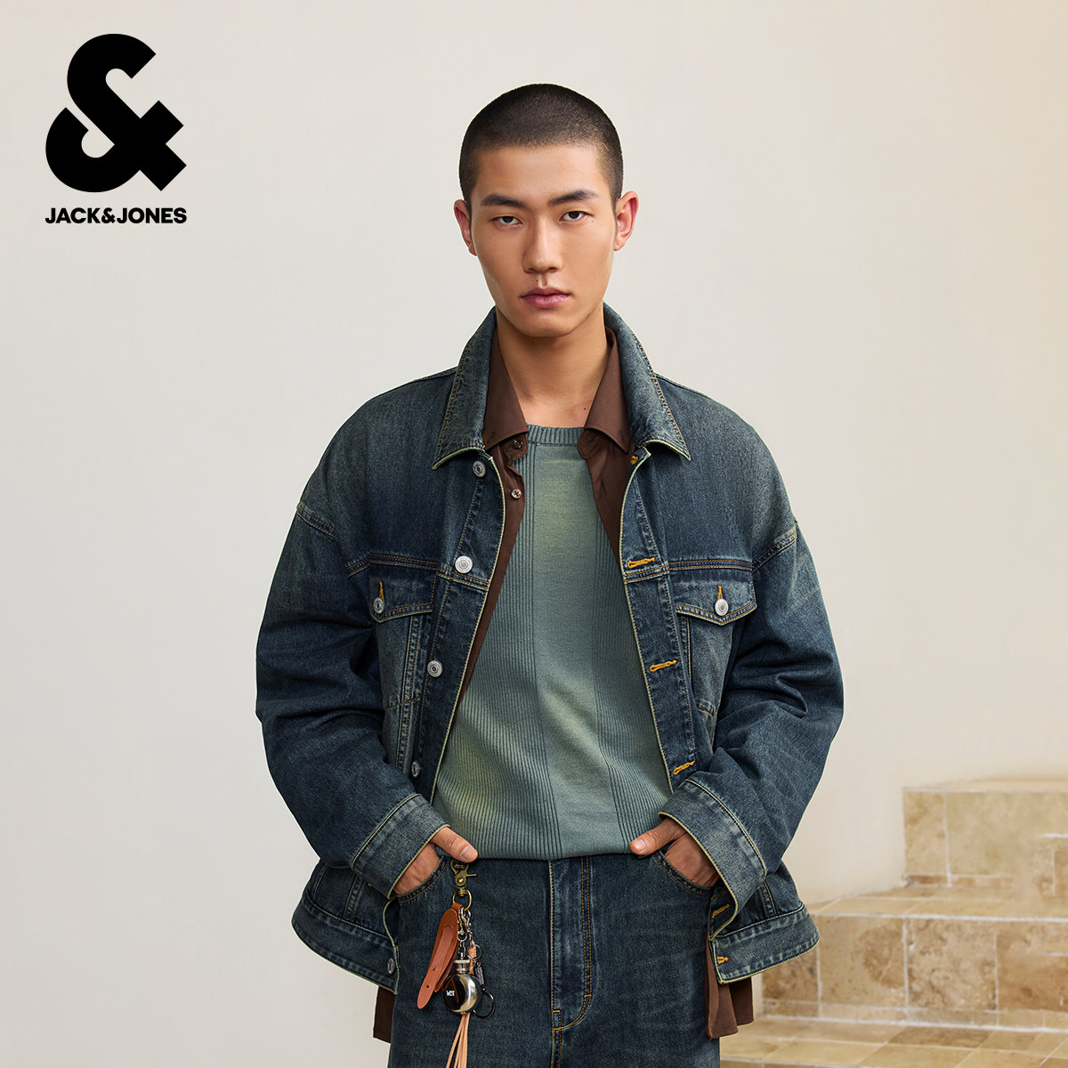 杰克琼斯男士牛仔夹克春季新款黄泥洗水外套时尚潮流宽松上衣男装