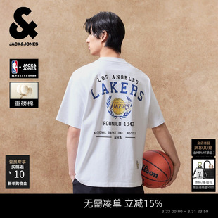 重磅纯棉短袖 夏季 杰克琼斯男装 T恤湖人队印花刺绣宽松 NBA联名