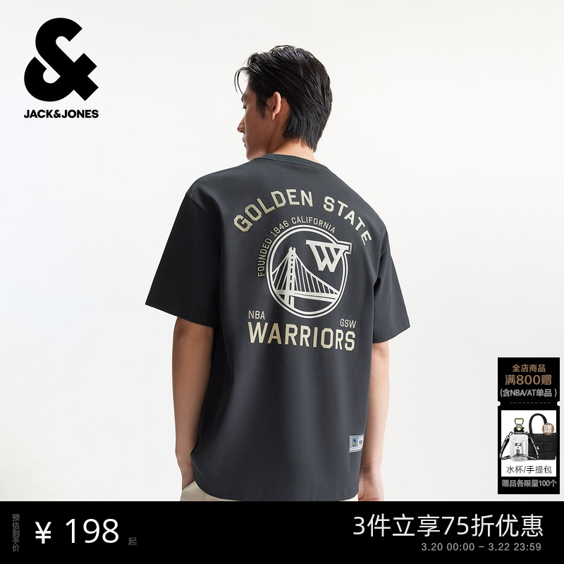 杰克琼斯男装春季新款T恤NBA联名金州勇士队运动风百搭圆领短袖