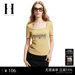 SEASONHIGH女士秋季短袖T恤方领胸口绿湾包装工队立体Logo胶印女