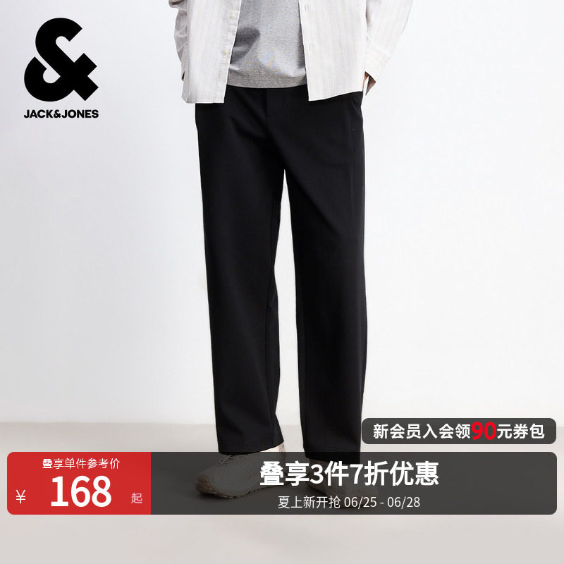 杰克琼斯男装春季新款黑色卫裤宽松直筒休闲长裤子立体打褶仿西裤
