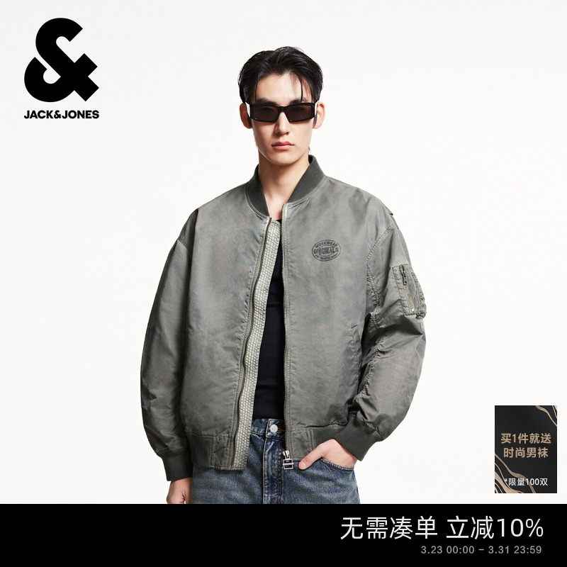 杰克琼斯男装夹克春季时尚字母印花做旧宽松休闲棒球领外套上衣