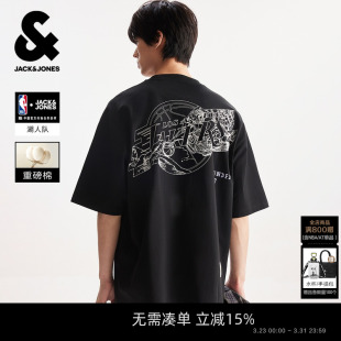 湖人队宽松短袖 春夏新款 杰克琼斯男装 T恤重磅纯棉打底 NBA联名