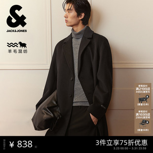 纯色静奢羊髦柴斯特大衣外套男装 杰克琼斯中长款 含羊毛大衣男新款