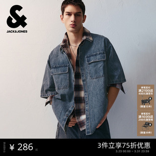衬衫 杰克琼斯男装 潮酷高街尖领贴袋宽松休闲牛仔短袖 新款 上衣 春季