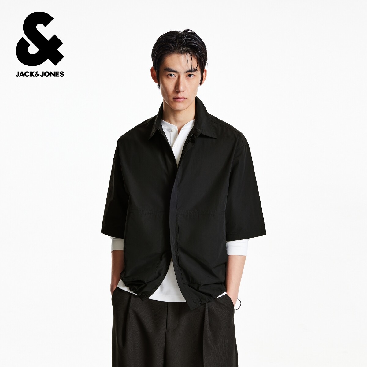 杰克琼斯男装秋季款男士短袖夹克翻领拉链工装口袋底摆抽绳外套男图片